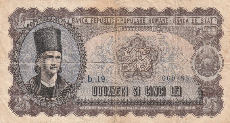 Romania 25 Lei 1952 Blue series and serial #

Pick#89b F