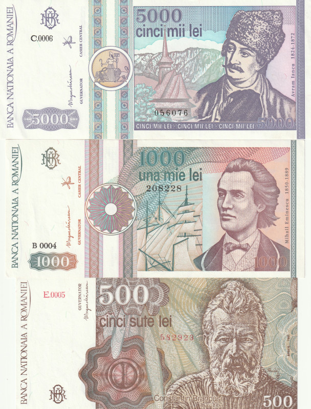 Romania 500, 1000, 5000 LeI 1991-92 Lot of 3 Banknotes

Pick#98b,101A,103a UNC