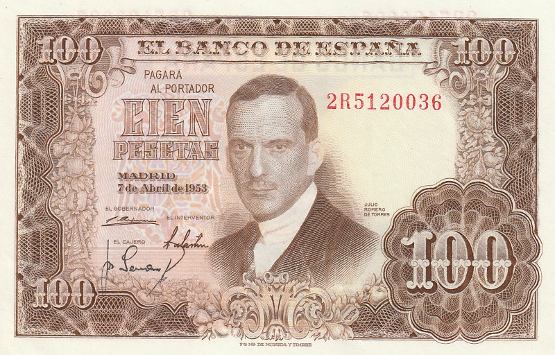 Spain 100 Pesetas 1953

P-145a.4, N# 205484; Serial format: 1 digit / 1 letter...