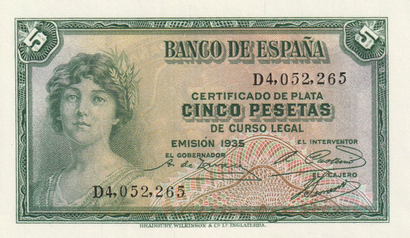 Spain 5 Pesetas 1935

P-85a.2, N# 204654; UNC