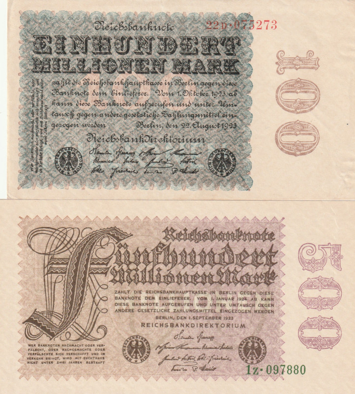 Germany 100, 500 Millionen Mark 1923 Lot of 2 banknotes 

Pick#107,110 UNC