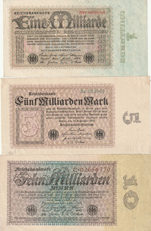 Germany 1, 5, 10 Milliarden Mark 1923 Lot of 3 banknotes 

Pick#114,115,116 AU