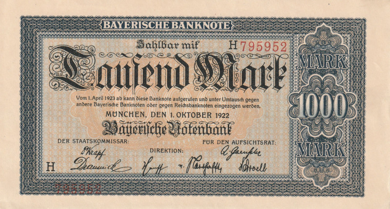 Germany Bavaria 1000 Mark 1922

UNC