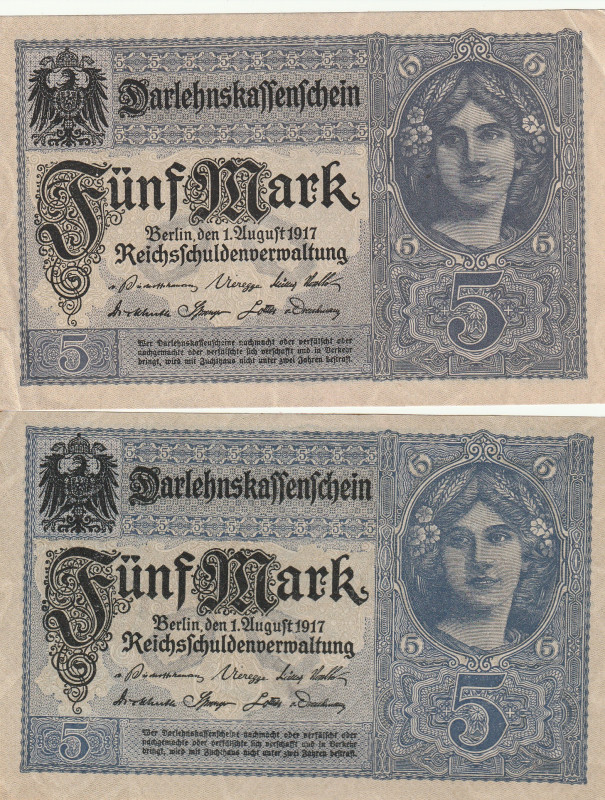 Germany 5 Mark 1917 Lot of 2 Banknotes

Pick#56a,b AU