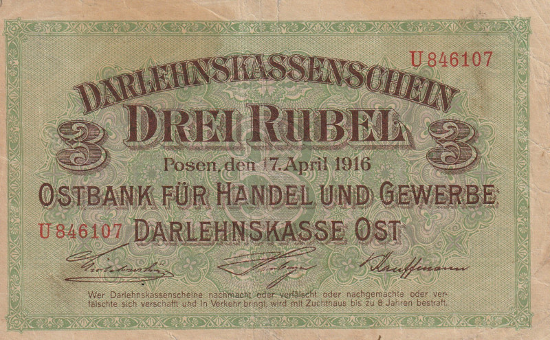 Germany 3 Rubel 1916, Darlehnskasse Ost

P-R123, N# 209562, East bank for trad...