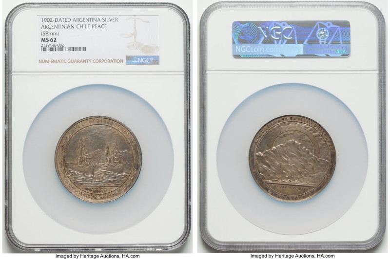Republic silver "Argentinian-Chile Peace" Medal 1902-Dated MS62 NGC, 58mm. By D....