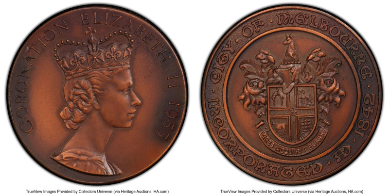 Elizabeth II copper Specimen"Coronation" Medal 1953 SP64 Brown PCGS, City of Mel...