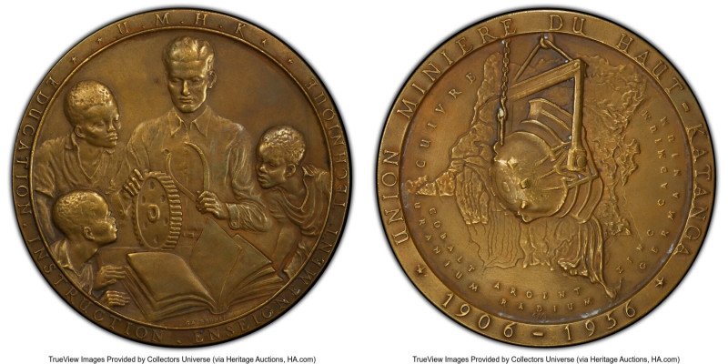 "Mining Union of the Katanga" bronze Specimen Medal 1956 SP61 PCGS, 85mm. By Bru...