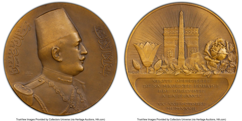 Fuad I bronze Specimen "France Royal Visit - King Fuad I" Medal 1927 SP64 PCGS, ...