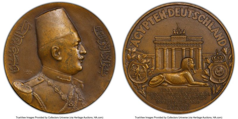 Fuad I bronze Specimen "Royal Visit to Germany" Medal 1929 SP62 PCGS, 72mm. By S...