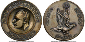 President Nasser silvered bronze "British Evacuation" Medal 1956 AU58 NGC, 61mm. President Gamal Abdel Nasser Hussein bust left // Female figure on ea...