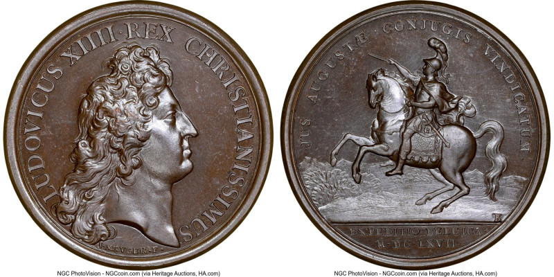 Louis XIV bronze "Campaign in Belgium" Medal 1667-Dated MS65 Brown NGC, Divo-95....