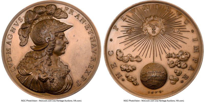 Louis XIV bronze Restrike 'NEC PLVRIBVS IMPAR" Medal 1674-Dated (1970) MS62 NGC,...