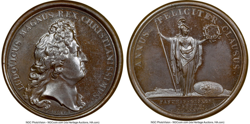 Louis XIV bronze "Saint Ghislain Captured" Medal 1677-Dated MS65 Brown NGC, Divo...