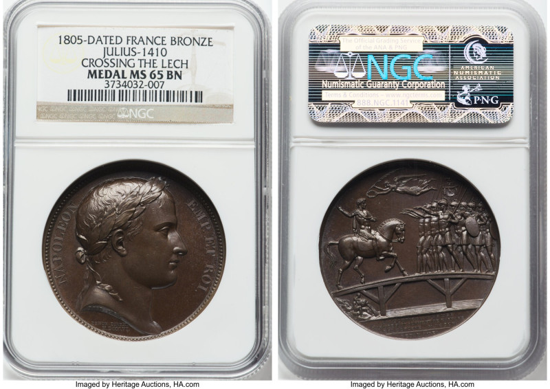 Napoleon bronze "Crossing the Lech" Medal 1805-Dated MS65 Brown NGC, Julius-1410...