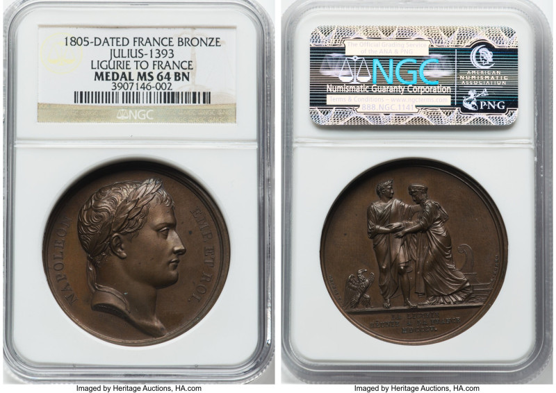 Napoleon bronze "Liguire to France" Medal 1805-Dated MS64 Brown NGC, Julius-1393...