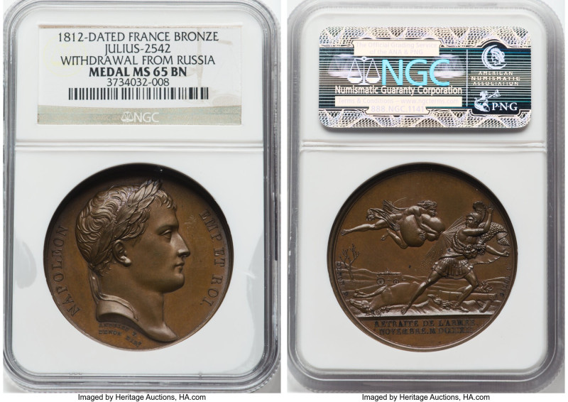 Napoleon bronze "Withdrawal from Russia" Medal 1812-Dated MS65 Brown NGC, Julius...