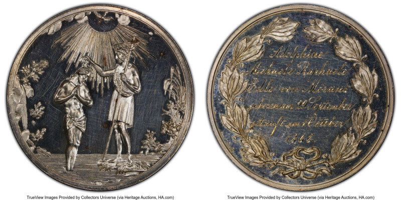 "Baptism" silver Specimen Medal 1868 SP62 PCGS, 41mm. Engraved for Adolophine Mi...