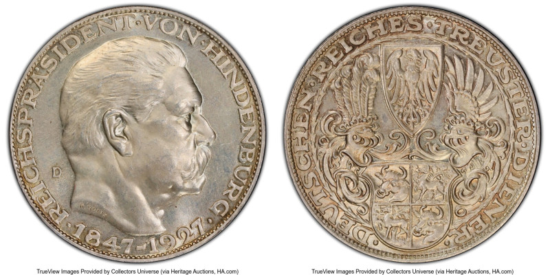 Weimar Republic silver Specimen "Hindenburg" Medal 5 Mark 1927-D SP64 PCGS, KM-X...