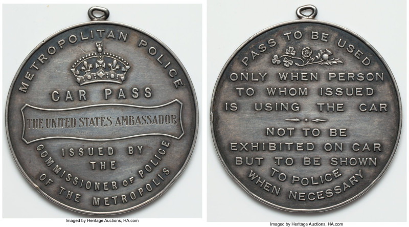 "Metropolitan Police Car Pass - The United States Ambassador" silver Medal ND AU...