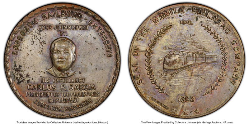 Republic silver "Sorsogon Railroad Extension" Medal 1961 AU Details (Filed Rims)...