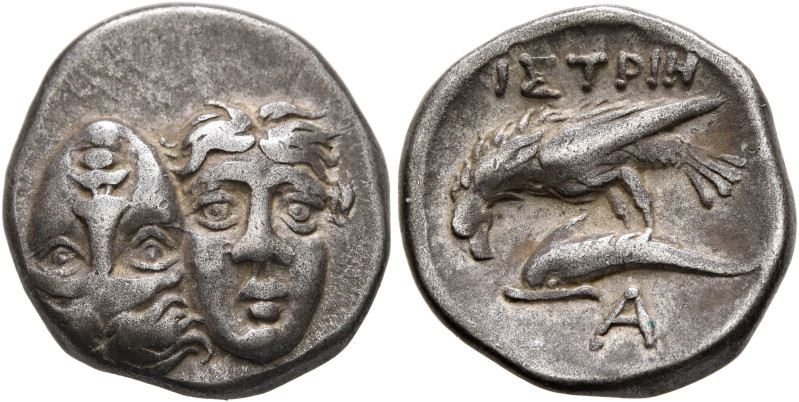 MOESIA. Istros. Circa 340/30-313 BC. Drachm (Silver, 17 mm, 5.10 g, 3 h). Two fa...