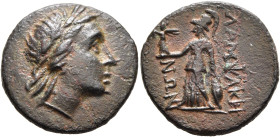 MYSIA. Lampsakos. 2nd-1st century BC. AE (Bronze, 18 mm, 4.81 g, 12 h). Laureate head of Apollo to right. Rev. ΛΑΜΨΑΚΗ-ΝΩΝ Athena standing front, head...