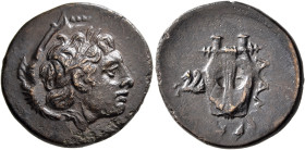 MYSIA. Lampsakos. 2nd-1st century BC. AE (Bronze, 21 mm, 6.44 g, 11 h). Laureate head of Apollo to right. Rev. ΛΑΜ Lyra; in field to left, forepart of...