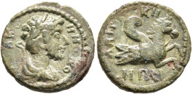 MYSIA. Lampsacus. Commodus, 177-192. Hemiassarion (?) (Bronze, 16 mm, 3.24 g, 1 h), circa 179-180. [ΑY] Λ ΚOΜΜOΔOϹ Laureate, draped and cuirassed bust...