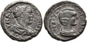 MYSIA. Lampsacus. Caracalla, with Julia Domna, 198-217. Hemiassarion (?) (Bronze, 17 mm, 4.43 g, 12 h). AY M AY ANTΩNЄ Laureate, draped and cuirassed ...