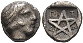 MYSIA. Pitane. 4th century BC. Obol (Silver, 6 mm, 0.44 g, 12 h). Youthful male head to right. Rev. ΠI-T-A-N-A Pentagram; all within incuse square. Pl...