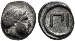 MYSIA. Pitane. 4th century BC. Chalkous (Bronze, 7 mm, 0.73 g, 12 h). Female head to right, her hair in sphendone. Rev. ΠΙ within linear circle. Plank...