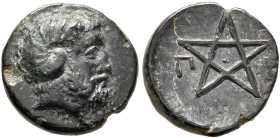 MYSIA. Pitane. 4th century BC. Chalkous (Bronze, 10 mm, 1.35 g, 9 h). Head of Zeus Ammon to right, with ram's horn over his ear. Rev. Π-I Pentagram. B...