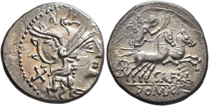 Spurius Afranius, 150 BC. Denarius (Silver, 18 mm, 3.23 g, 12 h), Rome. Head of ...