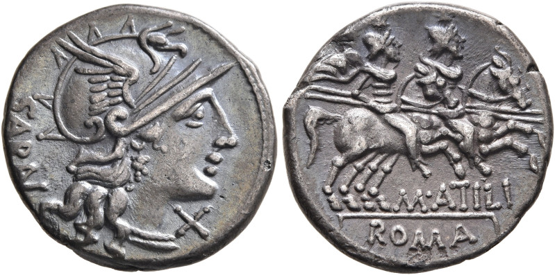 M. Atilius Saranus, 148 BC. Denarius (Silver, 18 mm, 3.51 g, 12 h), Rome. SARAN ...