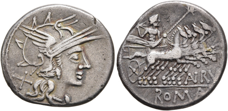 Aurelius Rufus, 144 BC. Denarius (Silver, 19 mm, 3.96 g, 7 h), Rome. Head of Rom...