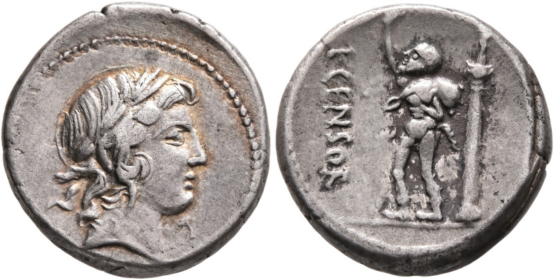 L. Censorinus, 82 BC. Denarius (Silver, 17 mm, 4.11 g, 9 h), Rome. Laureate head...