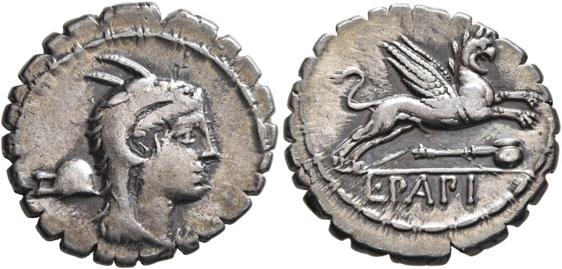 L. Papius, 79 BC. Denarius (Silver, 19 mm, 3.85 g, 6 h). Head of Juno Sospita to...