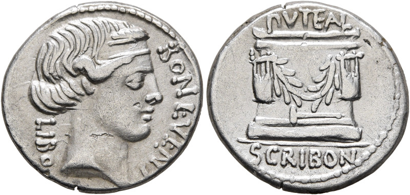 L. Scribonius Libo, 62 BC. Denarius (Silver, 18 mm, 3.88 g, 6 h), Rome. BON EVEN...