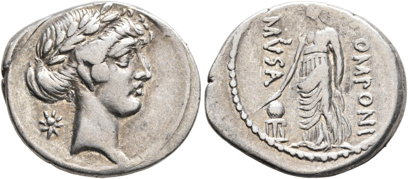 Q. Pomponius Musa, 56 BC. Denarius (Silver, 20 mm, 3.71 g, 6 h), Rome. Laureate ...