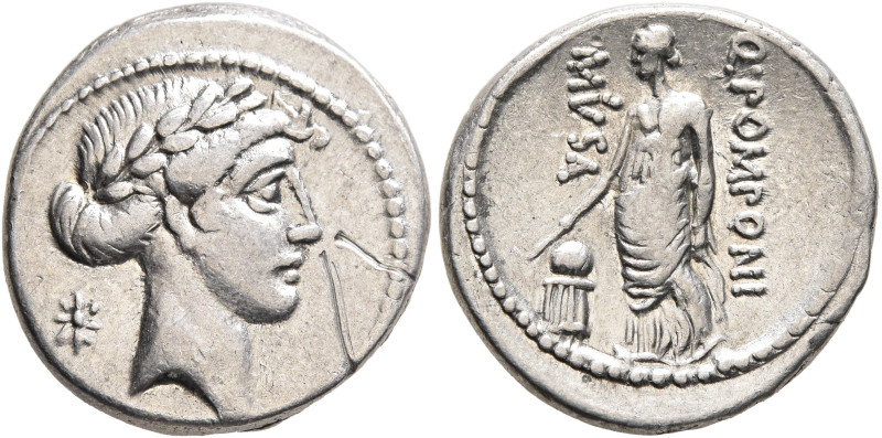 Q. Pomponius Musa, 56 BC. Denarius (Silver, 18 mm, 3.67 g, 3 h), Rome. Laureate ...