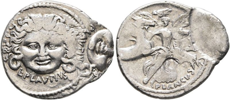 L. Plautius Plancus, 47 BC. Denarius (Silver, 22 mm, 3.89 g, 6 h), Rome. L•PLAVT...