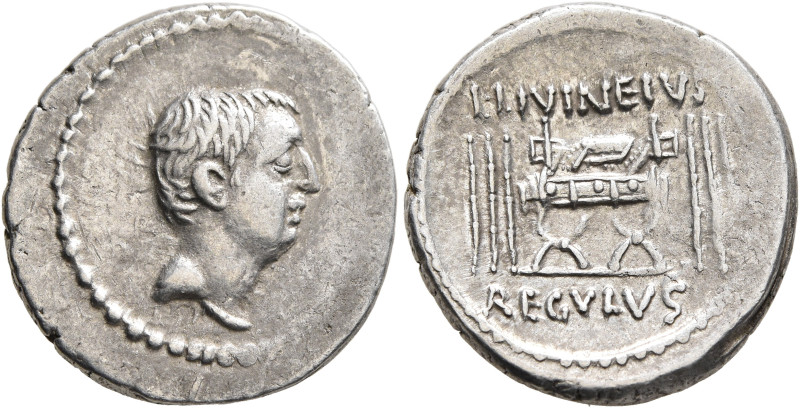 L. Livineius Regulus, 42 BC. Denarius (Silver, 19 mm, 3.74 g, 6 h), Rome. Bare h...