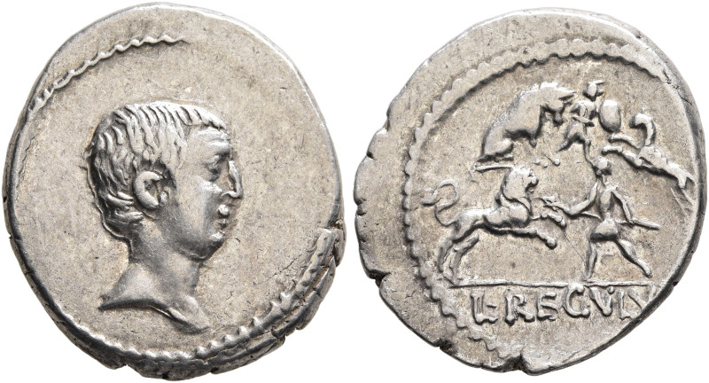 L. Livineius Regulus, 42 BC. Denarius (Silver, 19 mm, 4.00 g, 12 h), Rome. Bare ...