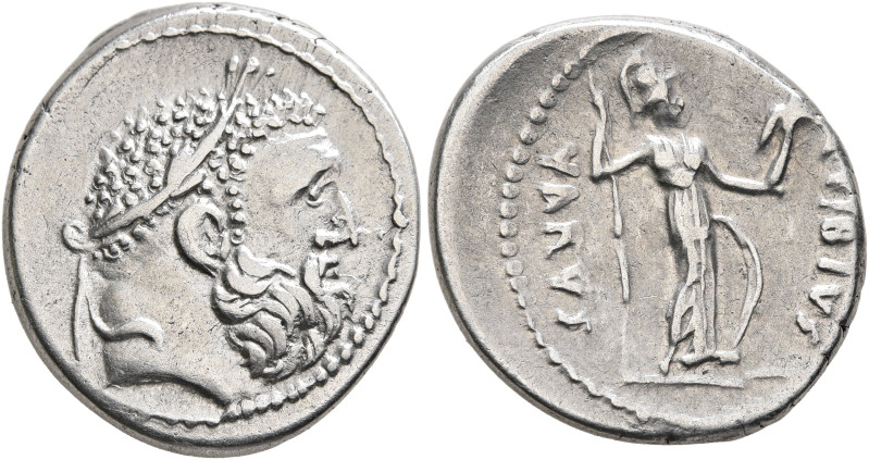 C. Vibius Varus, 42 BC. Denarius (Silver, 19 mm, 4.11 g, 7 h), Rome. Laureate he...