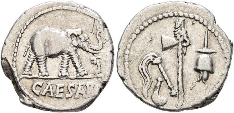 Julius Caesar, 49-44 BC. Denarius (Silver, 18 mm, 3.51 g, 3 h), military mint mo...