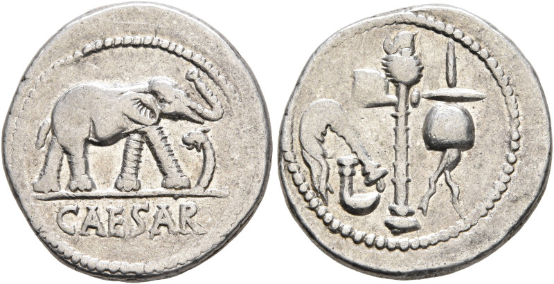 Julius Caesar, 49-44 BC. Denarius (Silver, 19 mm, 3.86 g, 10 h), military mint m...