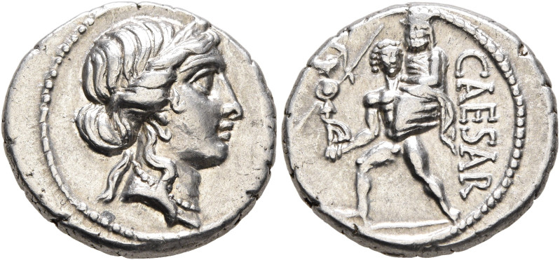 Julius Caesar, 49-44 BC. Denarius (Silver, 17 mm, 3.88 g, 6 h), military mint mo...