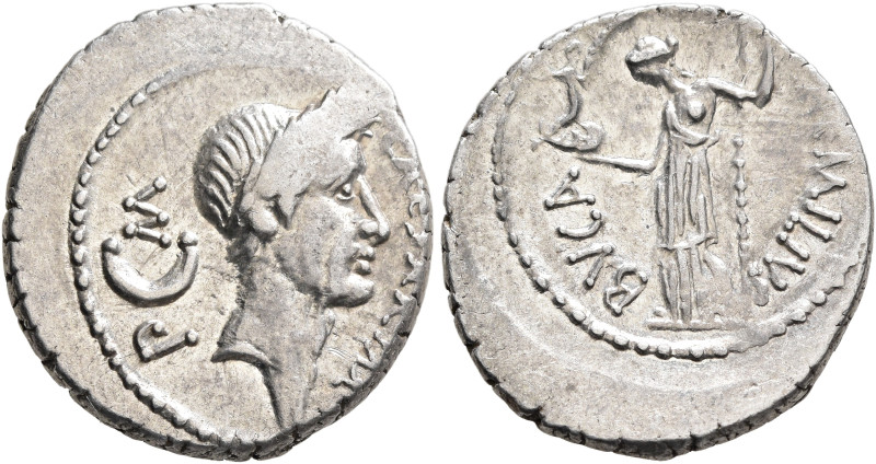 Julius Caesar, 49-44 BC. Denarius (Silver, 19 mm, 3.38 g, 6 h), with L. Aemilius...