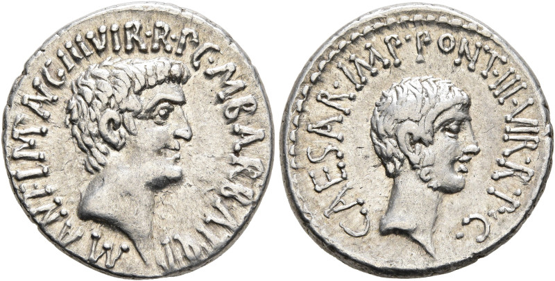 Mark Antony and Octavian. Denarius (Silver, 18 mm, 3.82 g, 12 h), with M. Barbat...